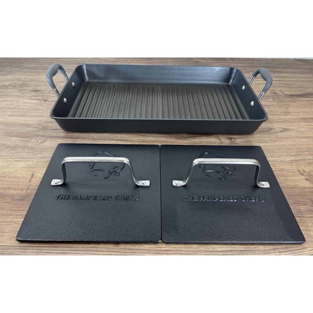 Pampered Chef Grill Pan Dual Burner Double Bacon Burger Panini Press Set 2924 - Picture 2 of 16